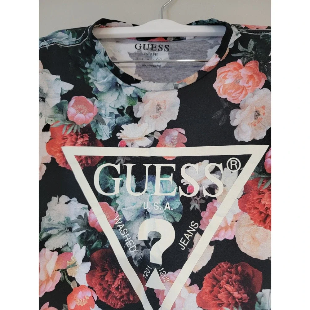Guess Mens Floral Triangle Logo T-Shirt Black XL M2BI70 K9RM4 Short Sleeve Tee - Picture 2 of 8